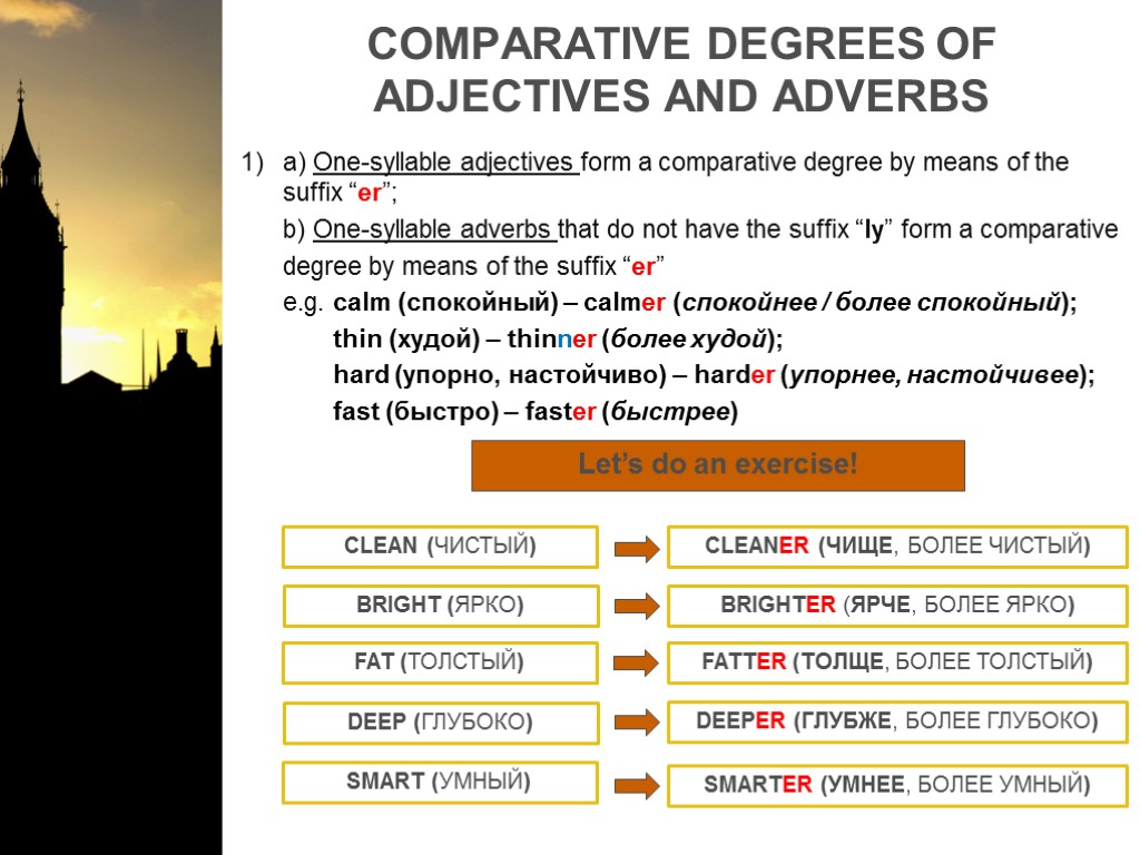 COMPARATIVE DEGREES OF ADJECTIVES AND ADVERBS a) One-syllable adjectives form a comparative degree by